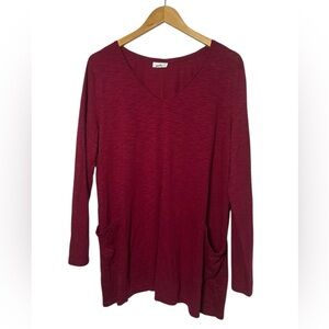 J Jill Burgandy Red Size XL V Neck Long Sleeve Tunic Top Pockets Comfortable